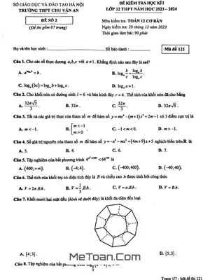Đề thi học kì 1 Toán 12 năm 2023 - 2024 trường THPT Chu Văn An - Hà Nội