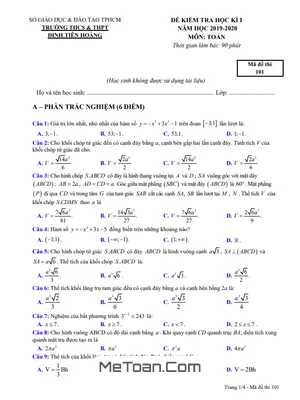 Đề thi HK1 Toán 12 năm 2019 - 2020 trường THPT Đinh Tiên Hoàng - TP.HCM
