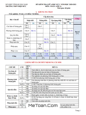 Đề thi giữa HK1 Toán 11 năm 2020 - 2021 trường THPT Hiệp Đức - Quảng Nam