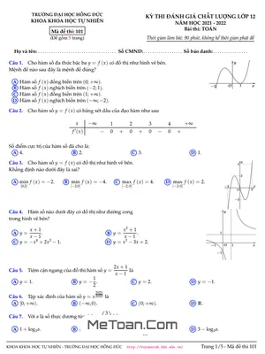 Đề Đánh Giá Chất Lượng Toán 12 Năm 2021 - 2022 Trường Đại Học Hồng Đức - Thanh Hóa