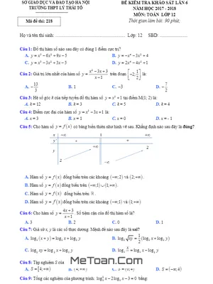 Đề kiểm tra khảo sát Toán 12 năm 2017 - 2018 trường THPT Lý Thái Tổ - Hà Nội lần 6 (có đáp án)