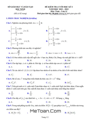 Đề thi học kì 1 Toán 11 năm 2022 - 2023 sở GD&ĐT Bắc Ninh [Có lời giải]