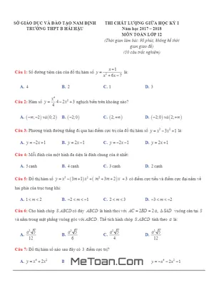 Đề thi chất lượng giữa HK1 môn Toán 12 năm 2017-2018 trường THPT B Hải Hậu - Nam Định (có đáp án)