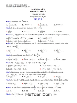 Đề thi học kì 2 Toán 12 năm 2019 - 2020 trường THPT Trần Hưng Đạo - TP HCM