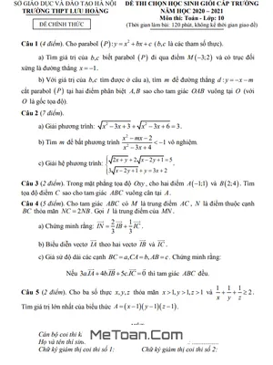 Đề thi HSG Toán 10 năm 2020 - 2021 trường THPT Lưu Hoàng - Hà Nội