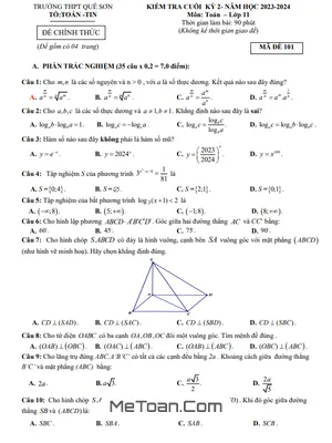 Đề thi học kì 2 Toán 11 năm 2023 - 2024 trường THPT Quế Sơn - Quảng Nam