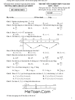Đề thi thử tốt nghiệp THPT 2020 môn Toán trường THPT chuyên Lê Khiết – Quảng Ngãi