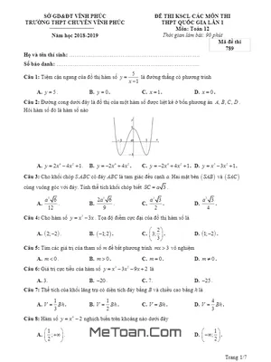 Đề KSCL Ôn Thi THPT Quốc Gia 2019 Môn Toán Trường THPT Chuyên Vĩnh Phúc Lần 1