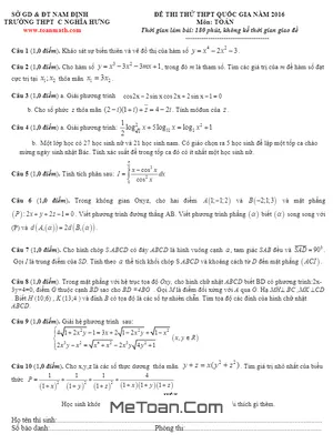 Đề thi thử THPT Quốc gia 2016 môn Toán trường C Nghĩa Hưng - Nam Định