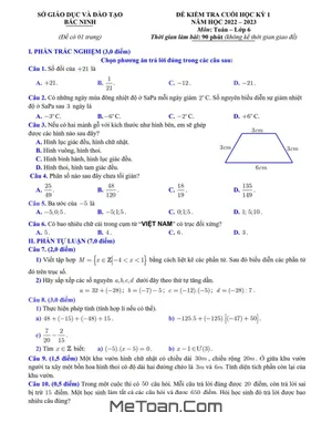 Đề thi Toán lớp 6 cuối kỳ 1 năm 2022-2023 Sở GD&ĐT Bắc Ninh