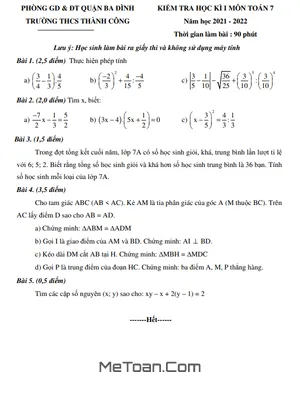 Đề kiểm tra học kì 1 Toán 7 năm 2021 - 2022 trường THCS Thành Công - Hà Nội