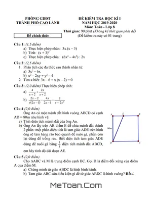 Đề thi học kì 1 Toán lớp 8 năm 2019 - 2020 phòng GD&ĐT TP Cao Lãnh (có đáp án)