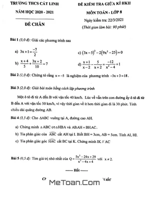 Đề thi giữa kì 2 môn Toán lớp 8 năm 2020 - 2021 trường THCS Cát Linh - Hà Nội