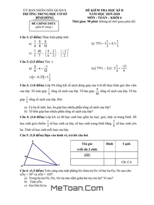 Đề thi HK2 Toán lớp 6 năm 2019 - 2020 trường THCS Bình Đông - TP HCM