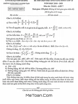 Đề thi chọn học sinh giỏi Toán 7 năm 2020 - 2021 phòng GD&ĐT Sơn Dương, Tuyên Quang