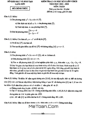 Đề thi Toán 9 học kì 2 năm 2023 - 2024 sở GD&ĐT Lạng Sơn