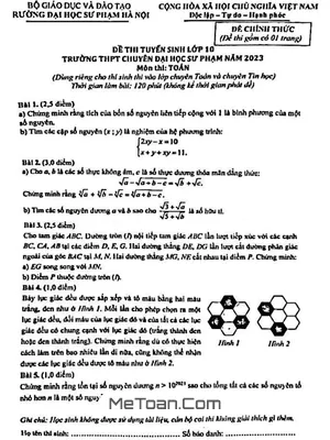 Đề thi tuyển sinh lớp 10 môn Toán (chuyên) năm 2023 trường THPT chuyên ĐHSP Hà Nội