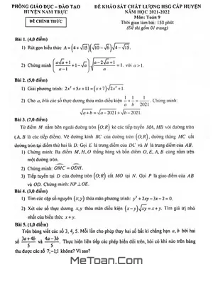 Đề thi HSG Toán 9 cấp huyện năm 2021-2022 phòng GD&ĐT Nam Trực, Nam Định