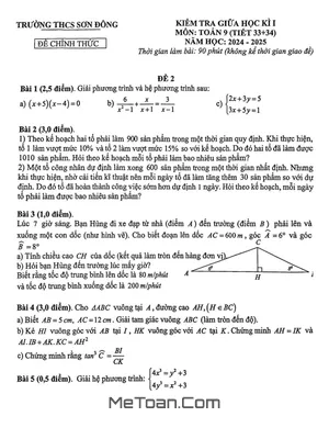 Đề thi giữa kì 1 Toán 9 năm 2024 - 2025 trường THCS Sơn Đông - Hà Nội