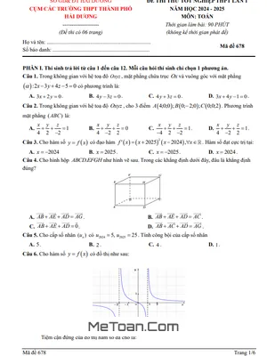Đề thi thử TN THPT 2025 lần 1 môn Toán cụm các trường THPT TP Hải Dương