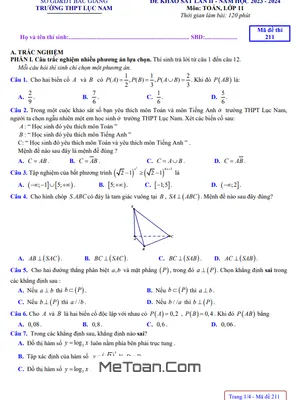 Đề khảo sát lần 2 Toán 11 năm 2023 – 2024 trường THPT Lục Nam – Bắc Giang