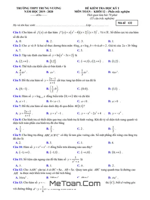 Đề kiểm tra học kỳ 1 Toán 12 năm 2019 - 2020 trường Trưng Vương - TP HCM