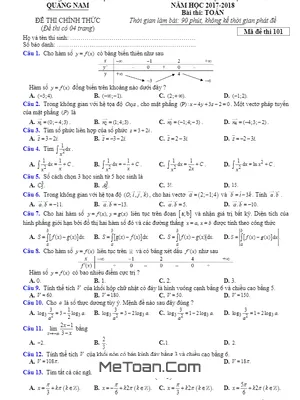 Đề thi KSCL Toán 12 năm học 2017 - 2018 sở GD và ĐT Quảng Nam