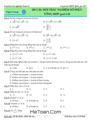 100 Câu Hỏi Trắc Nghiệm Số Phức Tổng Hợp - Ôn Thi THPT Quốc Gia Môn Toán - Lê Bá Bảo