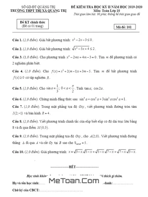 Đề thi học kỳ 2 môn Toán lớp 10 năm 2019 - 2020 trường THPT thị xã Quảng Trị (có lời giải)