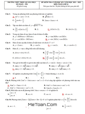 Đề thi HK1 Toán 11 năm 2021 - 2022 trường THPT Triệu Quang Phục - Hưng Yên