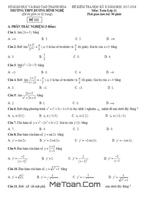 Đề thi học kỳ 2 Toán 11 năm 2017 - 2018 trường THPT Dương Đình Nghệ - Thanh Hóa (có lời giải)