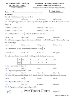 Đề thi thử tốt nghiệp THPT 2022 môn Toán trường THPT Cổ Loa – Hà Nội
