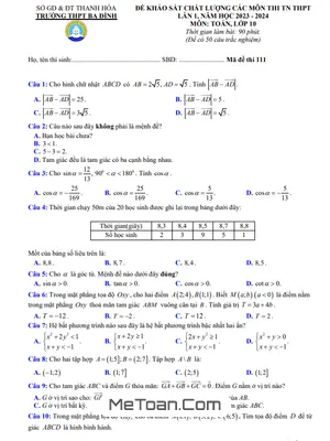 Đề KSCL Toán 10 thi TN THPT 2024 lần 1 trường THPT Ba Đình – Thanh Hóa