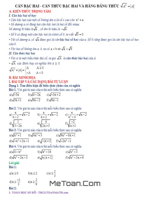 Chuyên Đề Căn Bậc Hai, Căn Thức Bậc Hai Và Hằng Đẳng Thức √A² = -A-