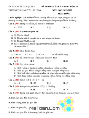 Đề tham khảo học kỳ 1 Toán 6 năm 2022 – 2023 trường THCS Nguyễn Hữu Thọ – TP HCM