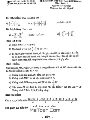 Đề thi học kỳ 1 Toán 7 năm 2020 - 2021 trường THCS Phan Chu Trinh - Hà Nội