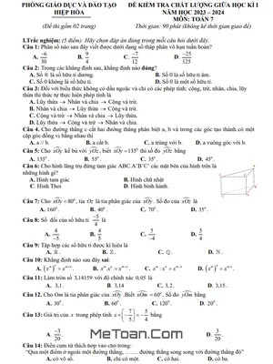 Đề Thi Giữa Học Kì 1 Toán 7 Năm 2023 - 2024 Phòng GD&ĐT Hiệp Hòa - Bắc Giang
