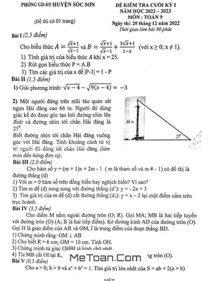 Đề thi học kỳ 1 Toán 9 năm 2022 - 2023 phòng GD&ĐT Sóc Sơn - Hà Nội