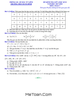 Đề Thi Giữa Kì 2 Toán 7 Năm 2017-2018 Trường THCS Xuân Đỉnh - Hà Nội