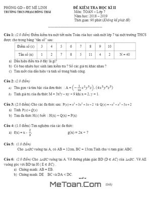 Đề thi HK2 Toán 7 năm 2018 - 2019 trường THCS Phạm Hồng Thái - Hà Nội