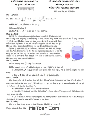 Đề Kiểm Tra Sốt Chặt Kiến Thức Lớp 9 Môn Toán Năm 2020 - 2021, Phòng GD&ĐT Quận Hai Bà Trưng - Hà Nội