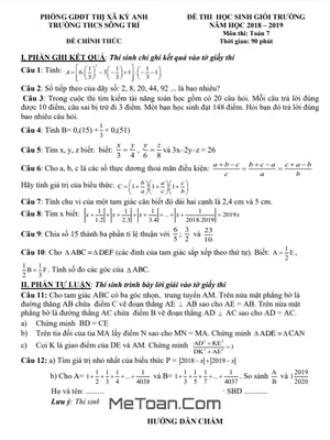 Đề thi học sinh giỏi Toán 7 cấp trường năm 2018 - 2019 trường THCS Sông Trí - Hà Tĩnh