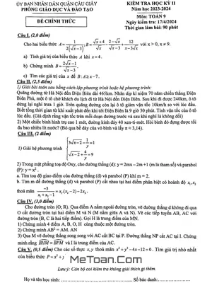 Đề thi học kỳ 2 Toán 9 năm 2023 - 2024 phòng GD&ĐT Cầu Giấy - Hà Nội