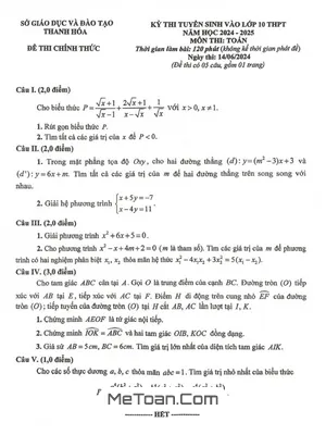 Đề thi tuyển sinh lớp 10 THPT môn Toán Thanh Hóa năm 2024 - 2025