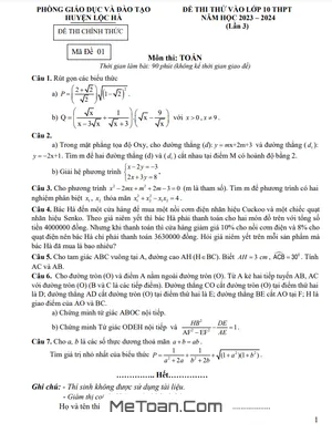 Đề thi thử Toán vào lớp 10 năm 2023 - 2024 lần 3 phòng GD&ĐT Lộc Hà - Hà Tĩnh