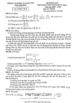 Đề khảo sát Toán thi vào lớp 10 năm 2019 - 2020 phòng GD&ĐT Đan Phượng - Hà Nội
