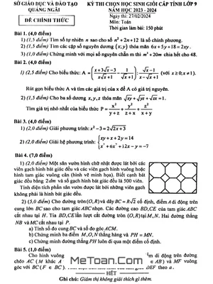 Đề thi chọn HSG tỉnh Toán 9 năm 2023-2024 Sở GD&ĐT Quảng Ngãi
