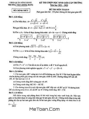 Đề thi HSG Toán 9 cấp trường năm 2021 - 2022 trường THCS Hồng Bàng - Hải Phòng