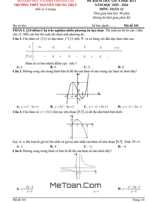 Đề thi giữa học kỳ 1 Toán 12 năm 2025 – 2026 trường THPT Nguyễn Trung Trực - Gia Lai