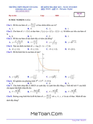 Đề thi học kì 1 Toán 12 năm 2019 - 2020 trường THPT Phạm Văn Sáng - TP HCM